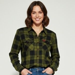 Dixxon Flannel Company 12 Gauge Womens Medium Green Black Plaid Button Up D Tech
